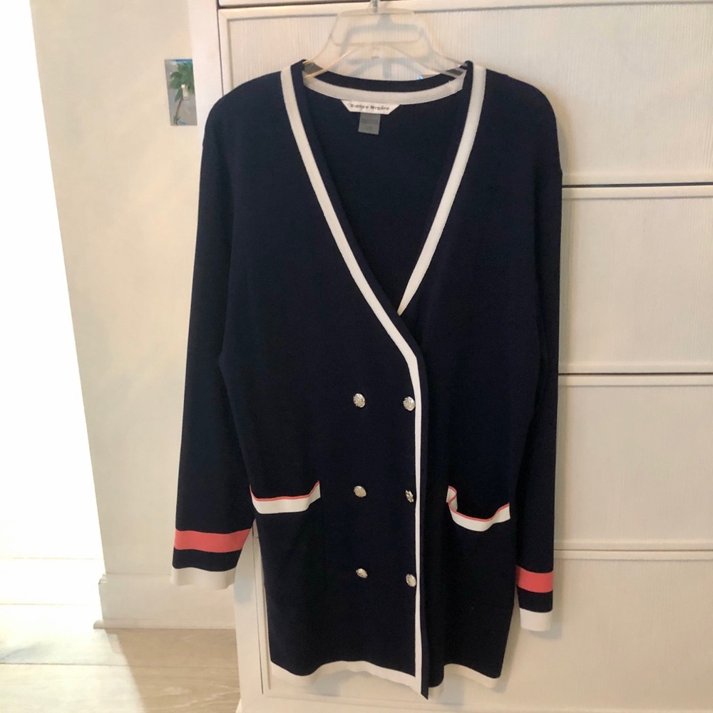 Long navy sweater jacket.  Size L. Bianco Nygord. Worn once.  Like brand new